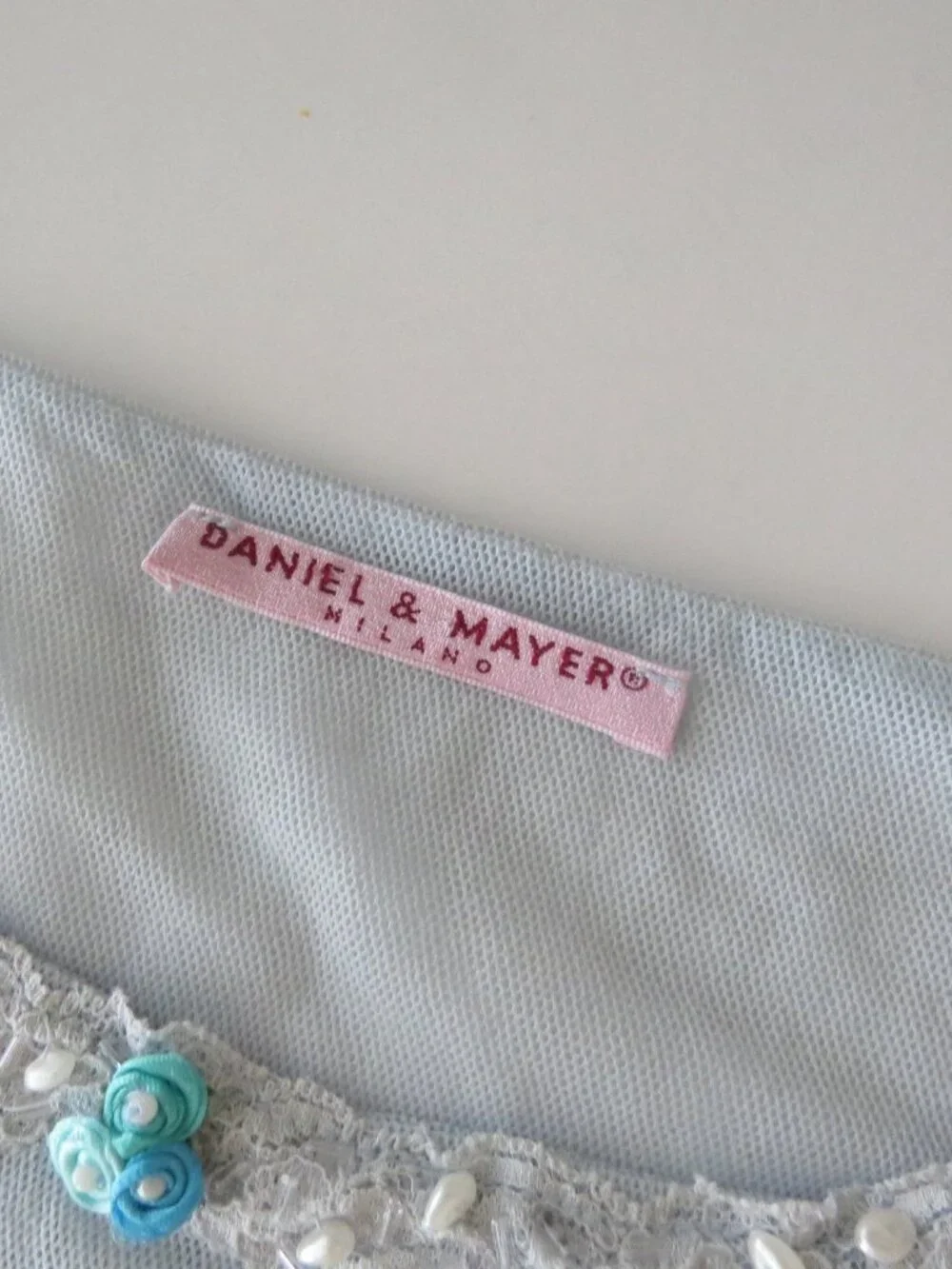 Vintage Italian Daniel & Mayer Top, Beaded Powder Blue Mesh Cami, Made in Italy